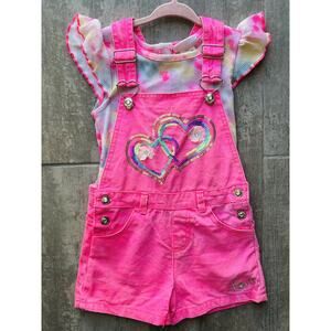 LITTLE LASS Girls 2 Piece Outfit Set Overalls Shortalls Neon Pink Tie Dye LOVE 5
